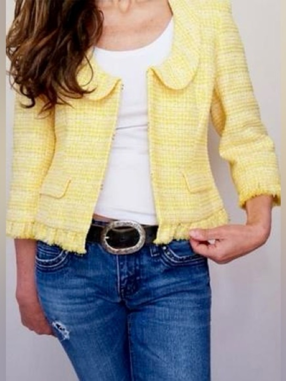 LOFT Yellow Tweed Fringe Jacket